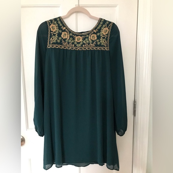 Peach Love Forest Green Chiffon Minidress w/ Beautiful Gold Embroidery Size Sm - Picture 1 of 11